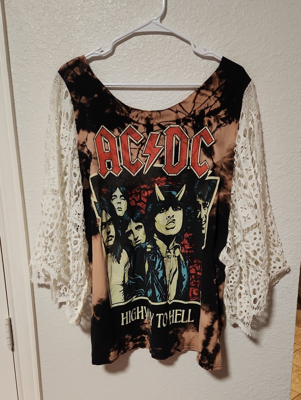 224.Upcycled AC/DC Crochet Tie-Dye Off-Shoulder Band Tee Oversized Tunic - Picture 2 of 4